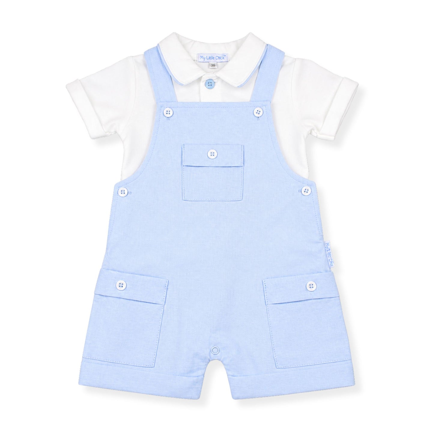 Light blue baby boy dungarees with a white shirt on a white background