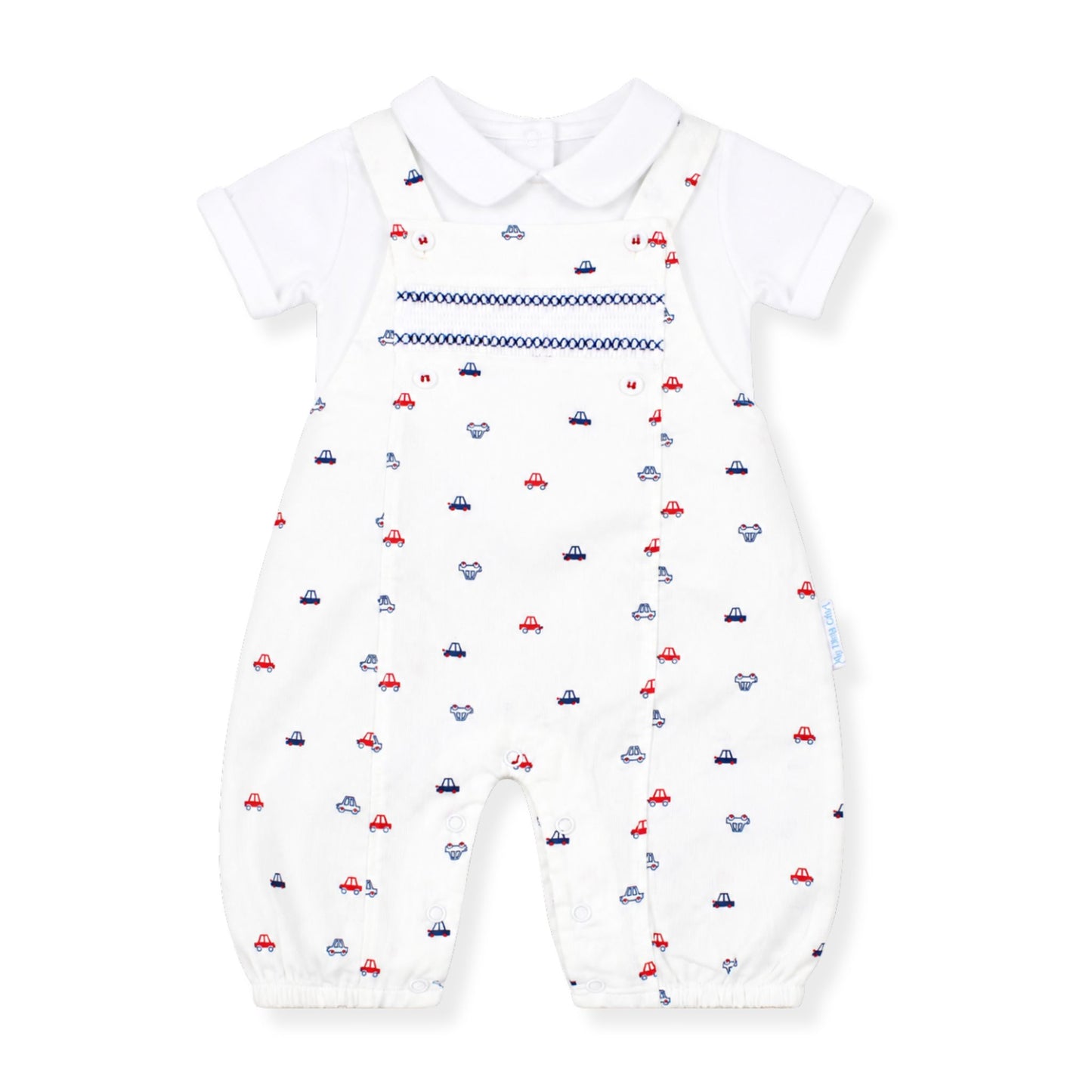 Whiite baby dungarees with car print with a white shirt on a white background