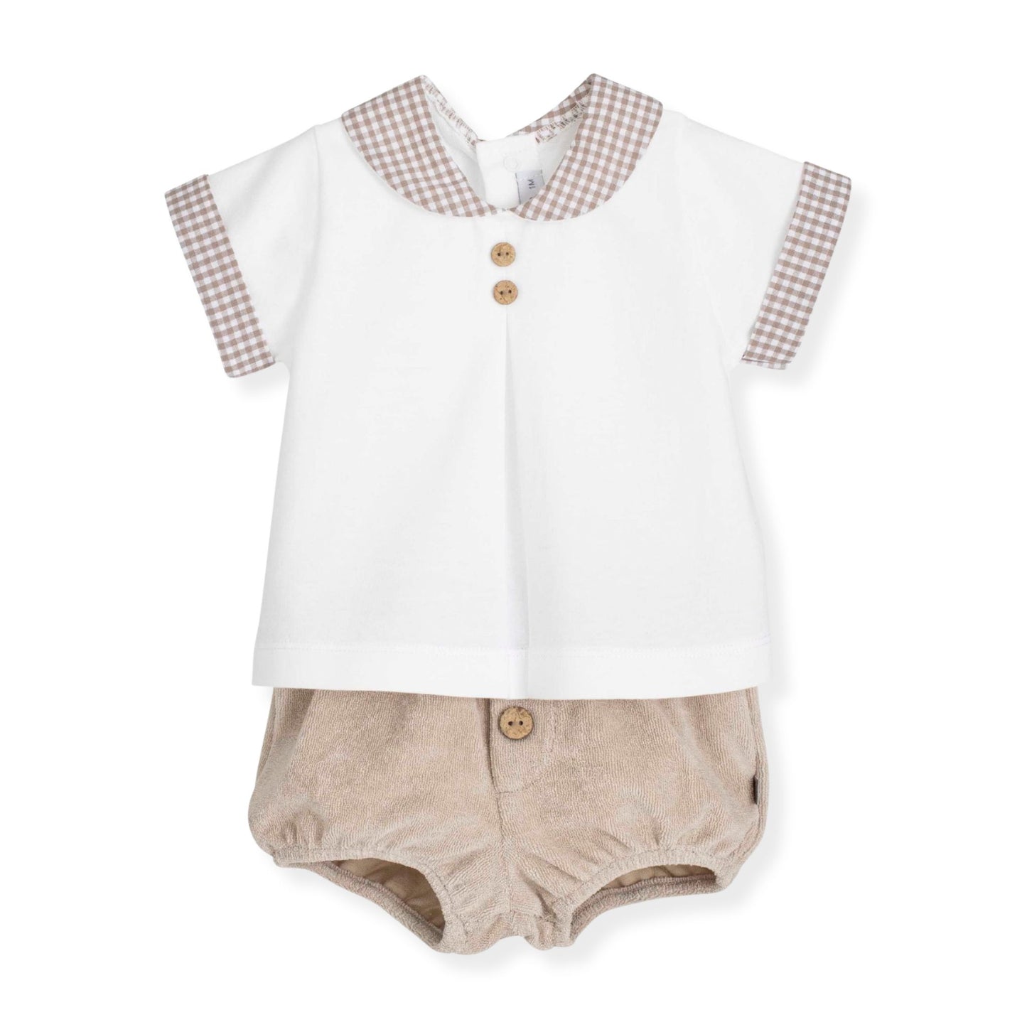 Baby boys short and shirts set white and beige with gingham collar