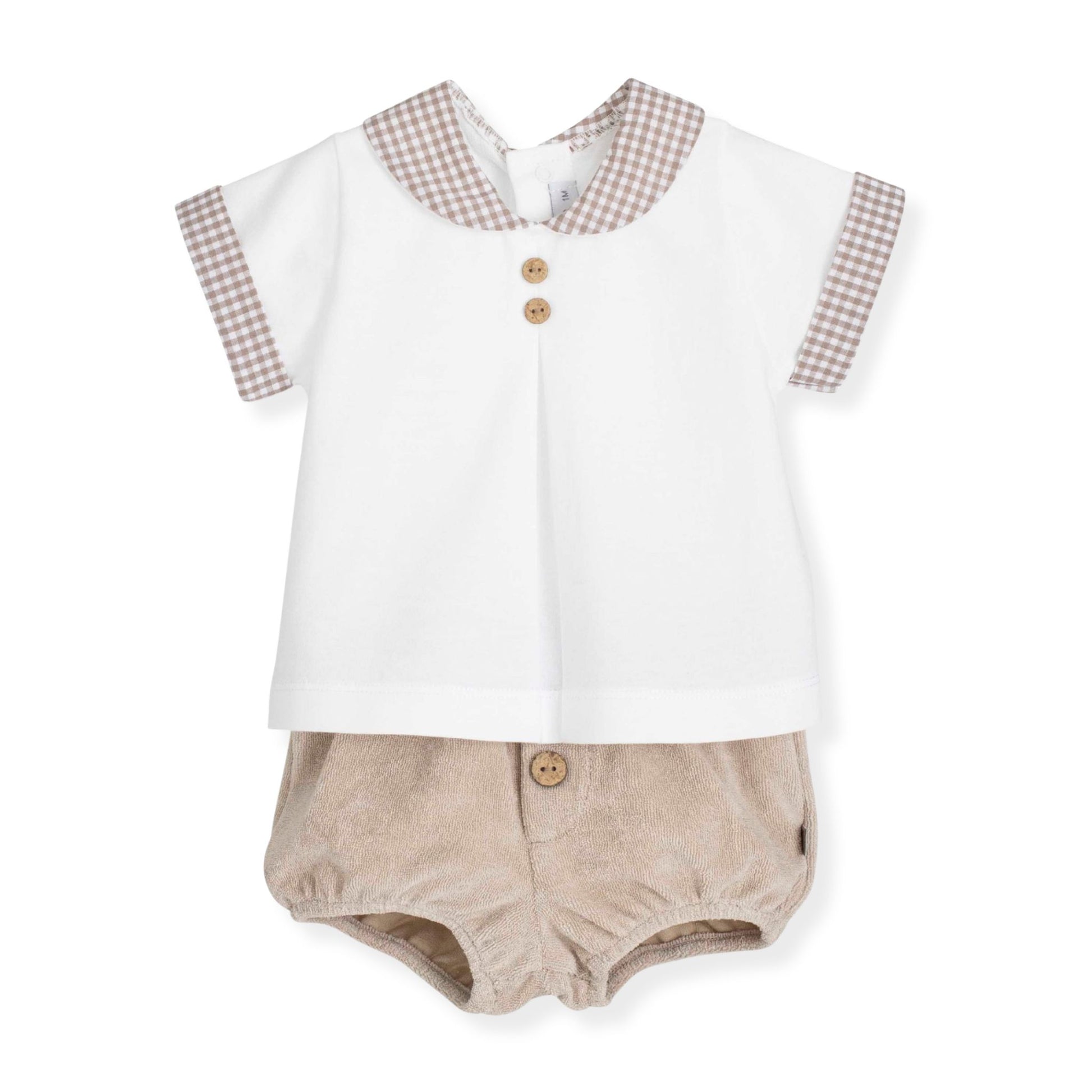 Baby boys short and shirts set white and beige with gingham collar