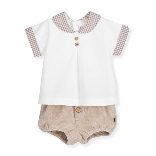 Baby boys short and shirts set white and beige with gingham collar