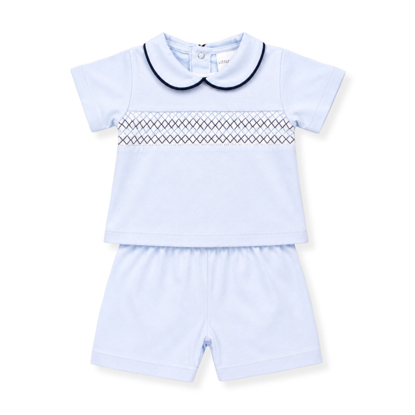 Light blue newborn outfit with a short-sleeve top and shorts on a white background