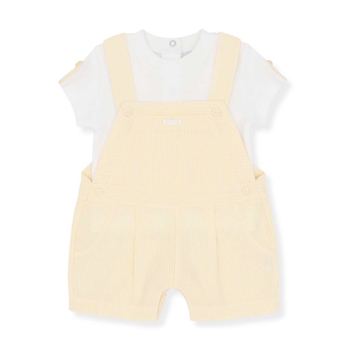 Yellow romper with white shirt on a white background