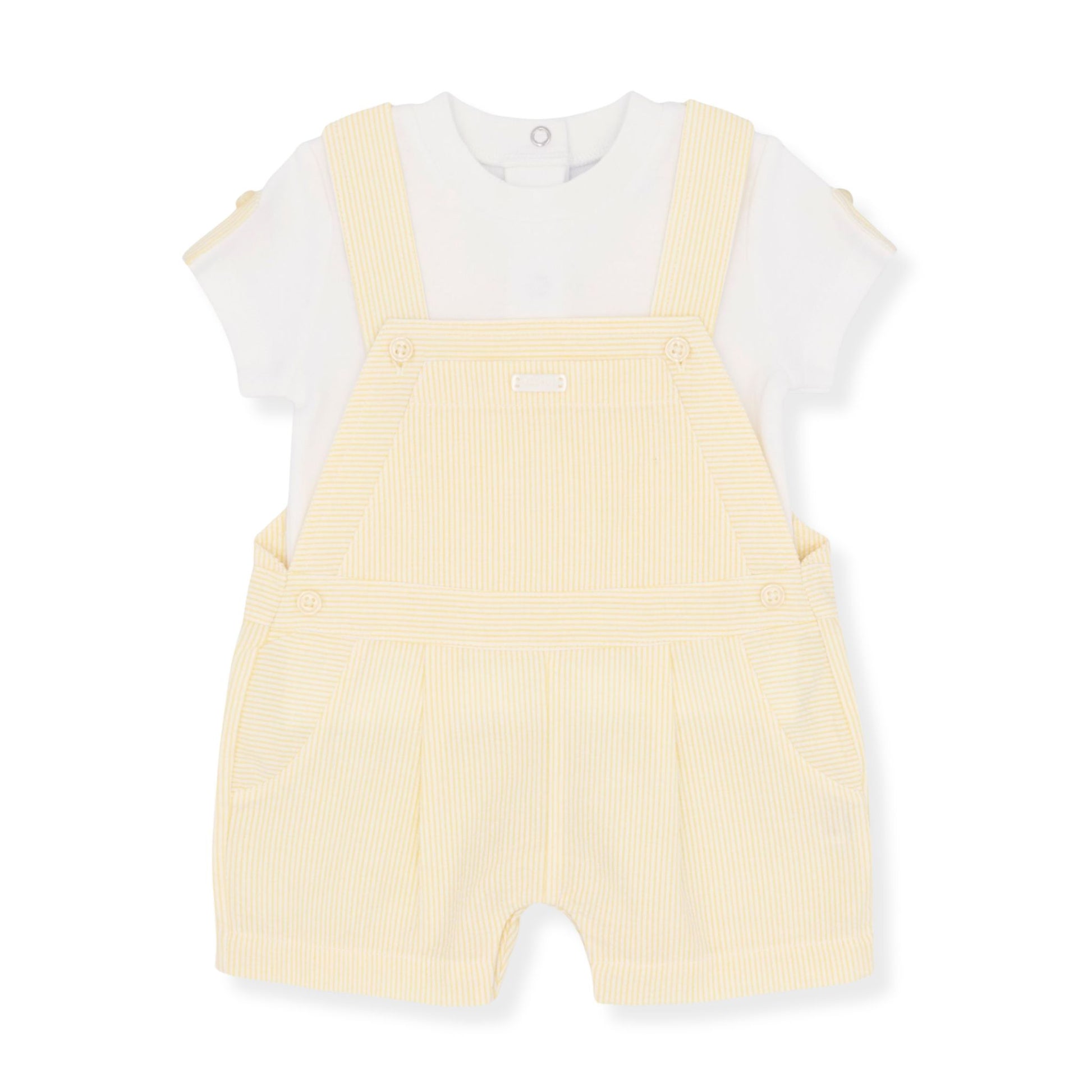 Yellow romper with white shirt on a white background