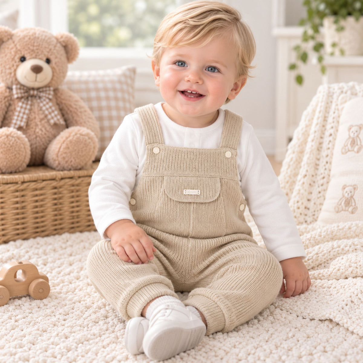 A smiling toddler sits on a cream knit rug in a bright nursery, wearing beige corduroy overall-style pants over a white long-sleeve top. A teddy bear sits on a wicker basket in the background, with a soft blanket and toys around them.