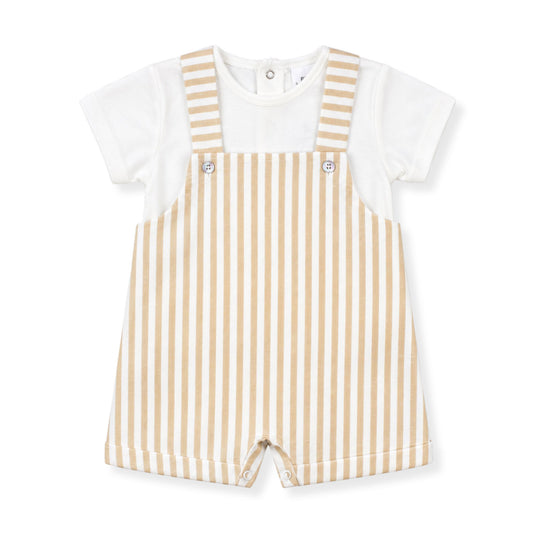 Baby outfit with white shirt and beige striped overalls on a white background