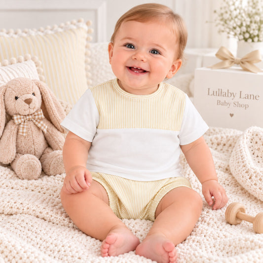 baby boys beige and white summer set shorts and t shirt