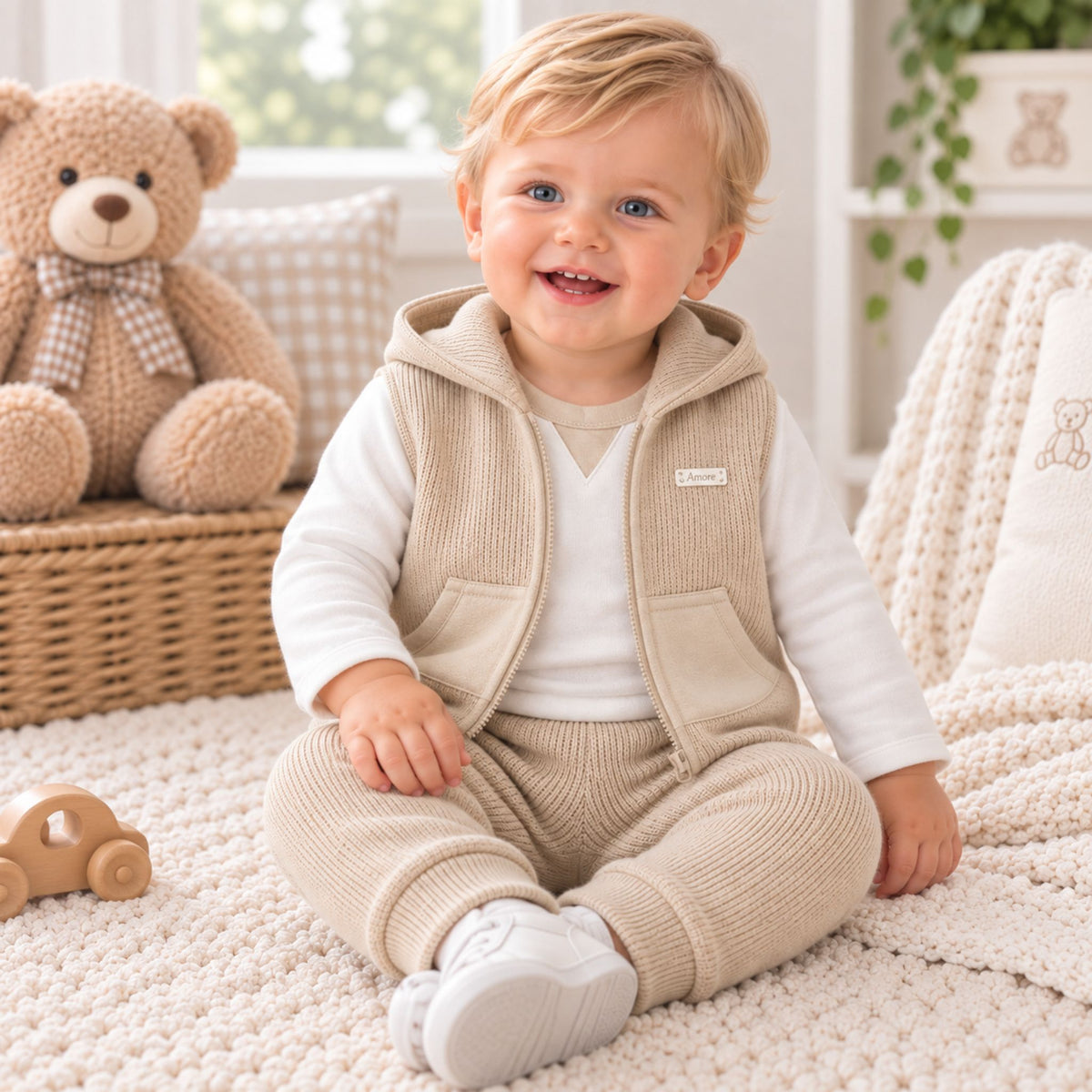 A smiling toddler sits on a cream knit rug wearing a beige ribbed vest and matching pants over a white long-sleeve top. A teddy bear and soft nursery decor are visible in the background.