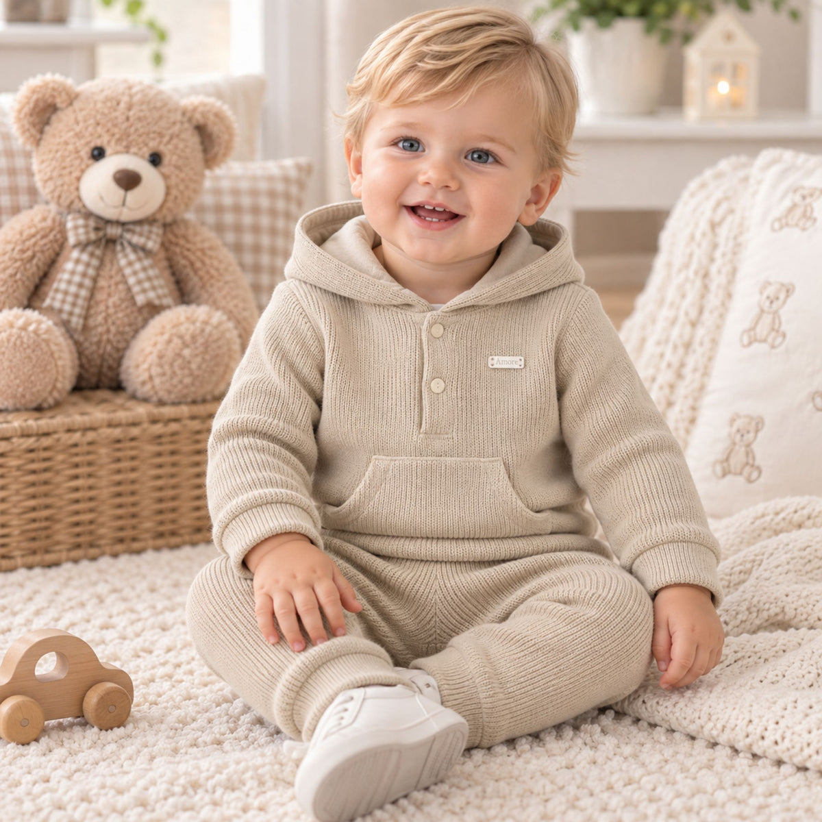 A smiling toddler wearing a beige ribbed hooded long-sleeve romper sits on a cream knit rug in a cozy nursery setting, with a teddy bear and soft home decor in the background.