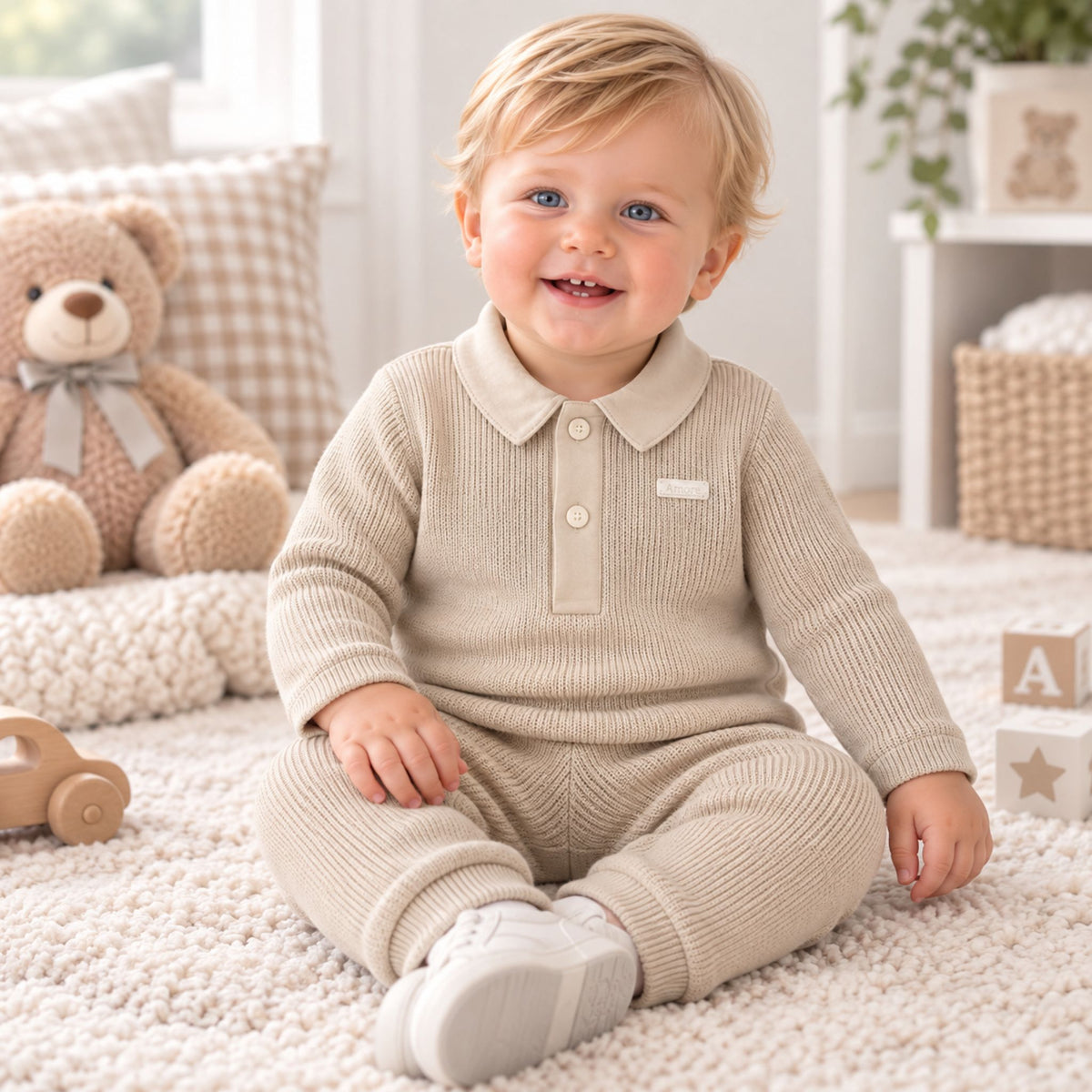 A smiling toddler sitting on a cream carpet in a bright nursery, wearing a ribbed knit long-sleeve polo romper in a light oatmeal beige color. The outfit includes matching pants and white shoes.