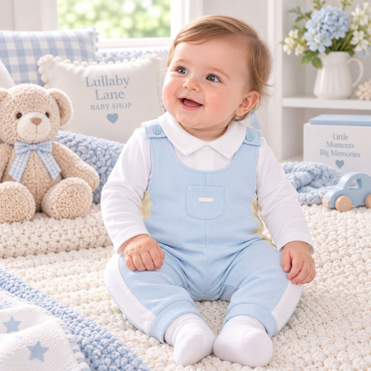 A baby sitting on a cream knit blanket in a nursery setting, wearing a light blue overall jumpsuit with white sleeves and cuffs, styled with a teddy bear and baby accessories.