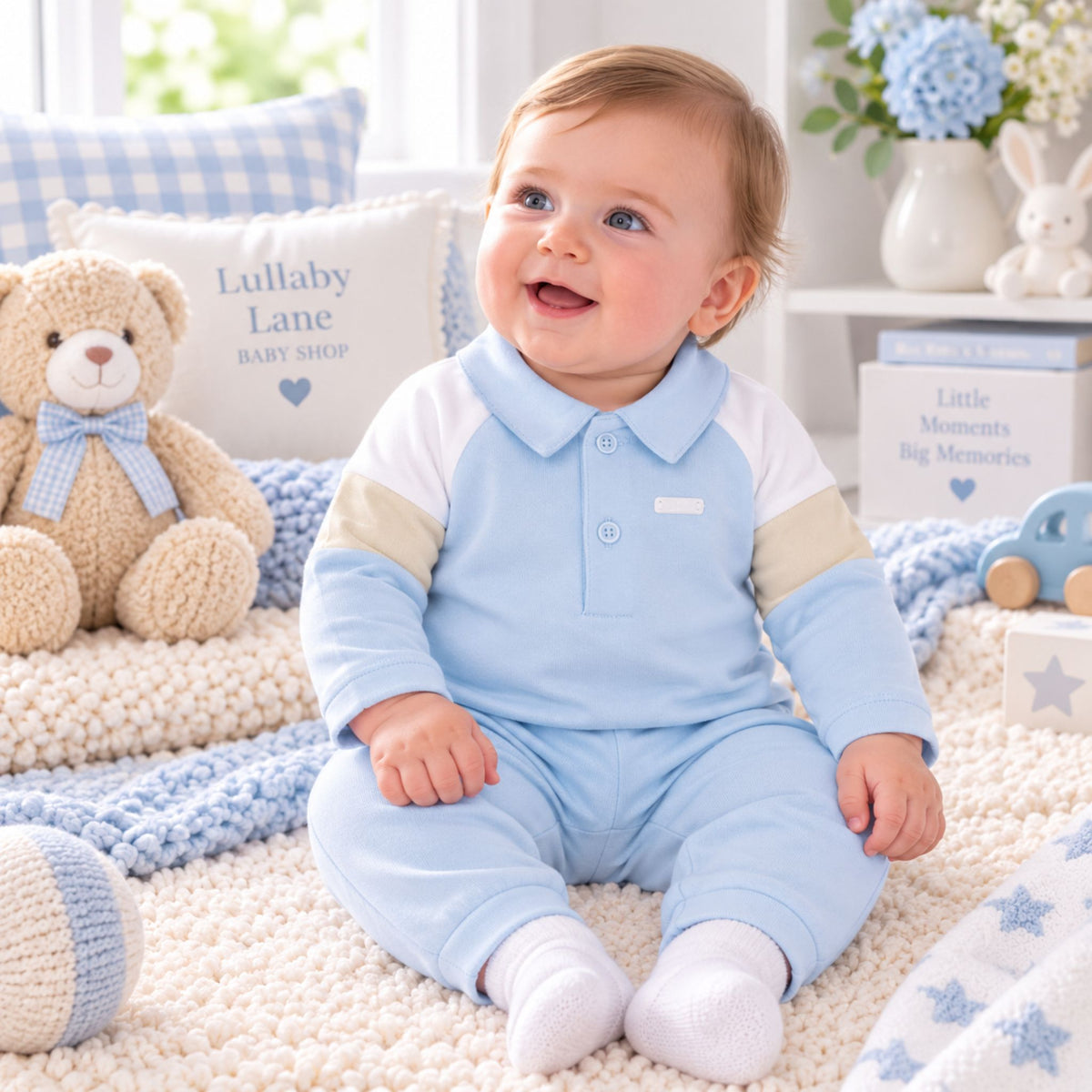 A baby sitting on a cream knit blanket in a nursery setting, wearing a light blue, white, and beige color-blocked long-sleeve romper. The background features a teddy bear, pillows, and toys.