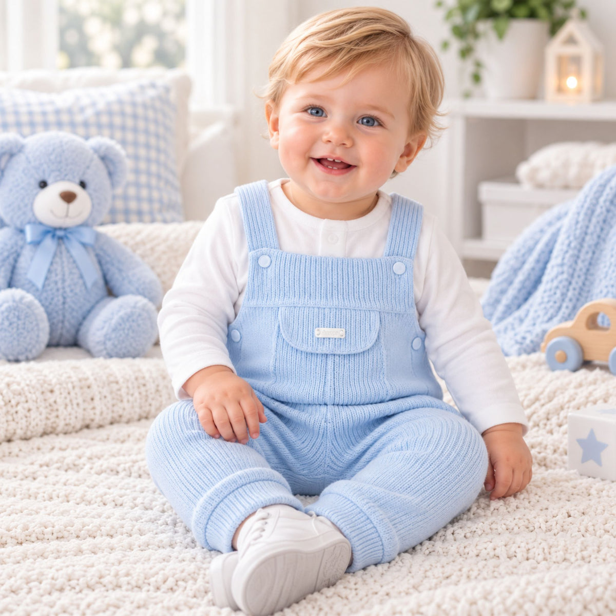 A smiling toddler sitting on a cream knit rug in a bright nursery, wearing light blue ribbed knit overall over a white long-sleeve shirt. A blue teddy bear, pillows, and soft nursery decor are visible in the background.