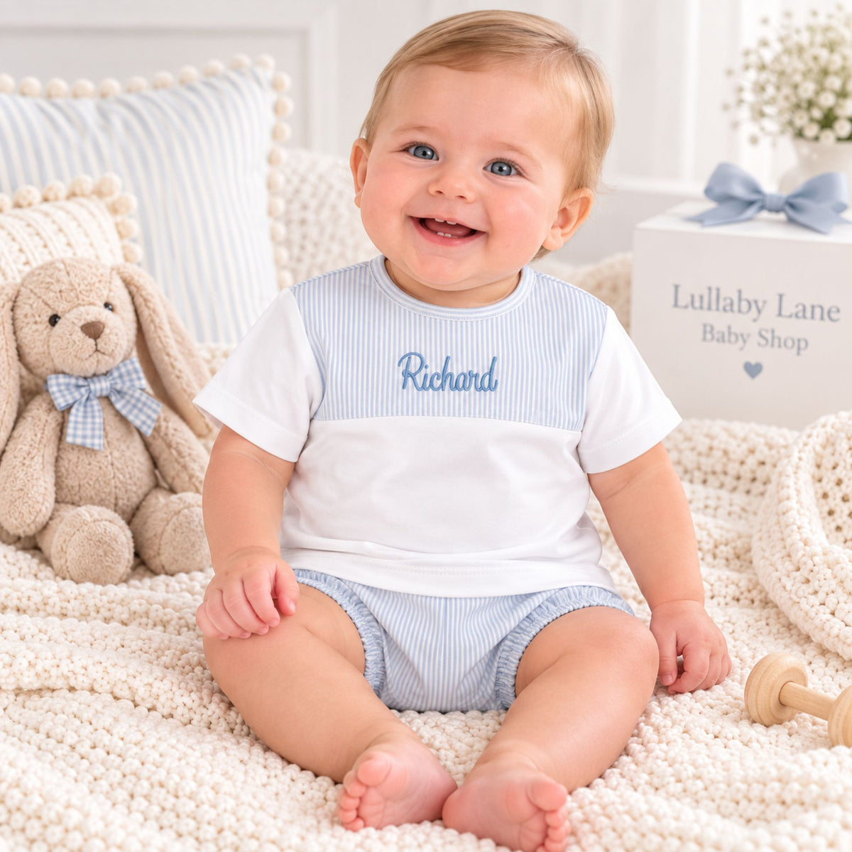 A smiling baby sitting on a cream knit blanket wearing a white and light blue striped short-sleeve top and matching striped diaper cover. The top has the name 'Richard' embroidered in blue on the chest.