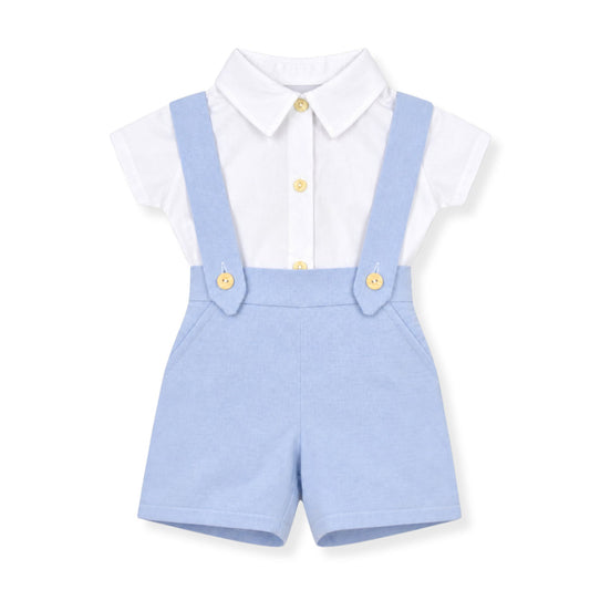 Children's outfit with white shirt, light blue braces and shorts on a white background