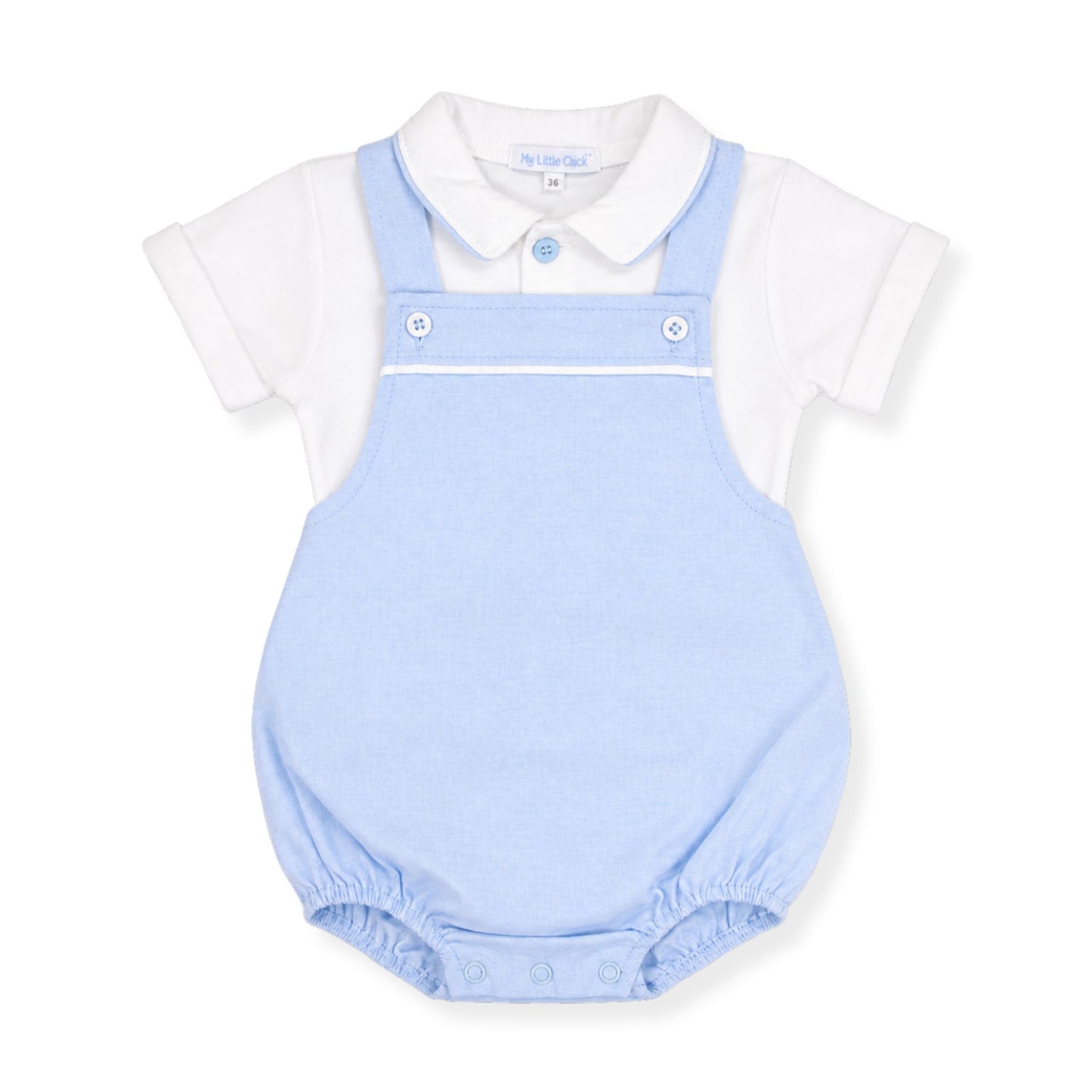 Baby romper with light blue overalls and white shirt on a white background