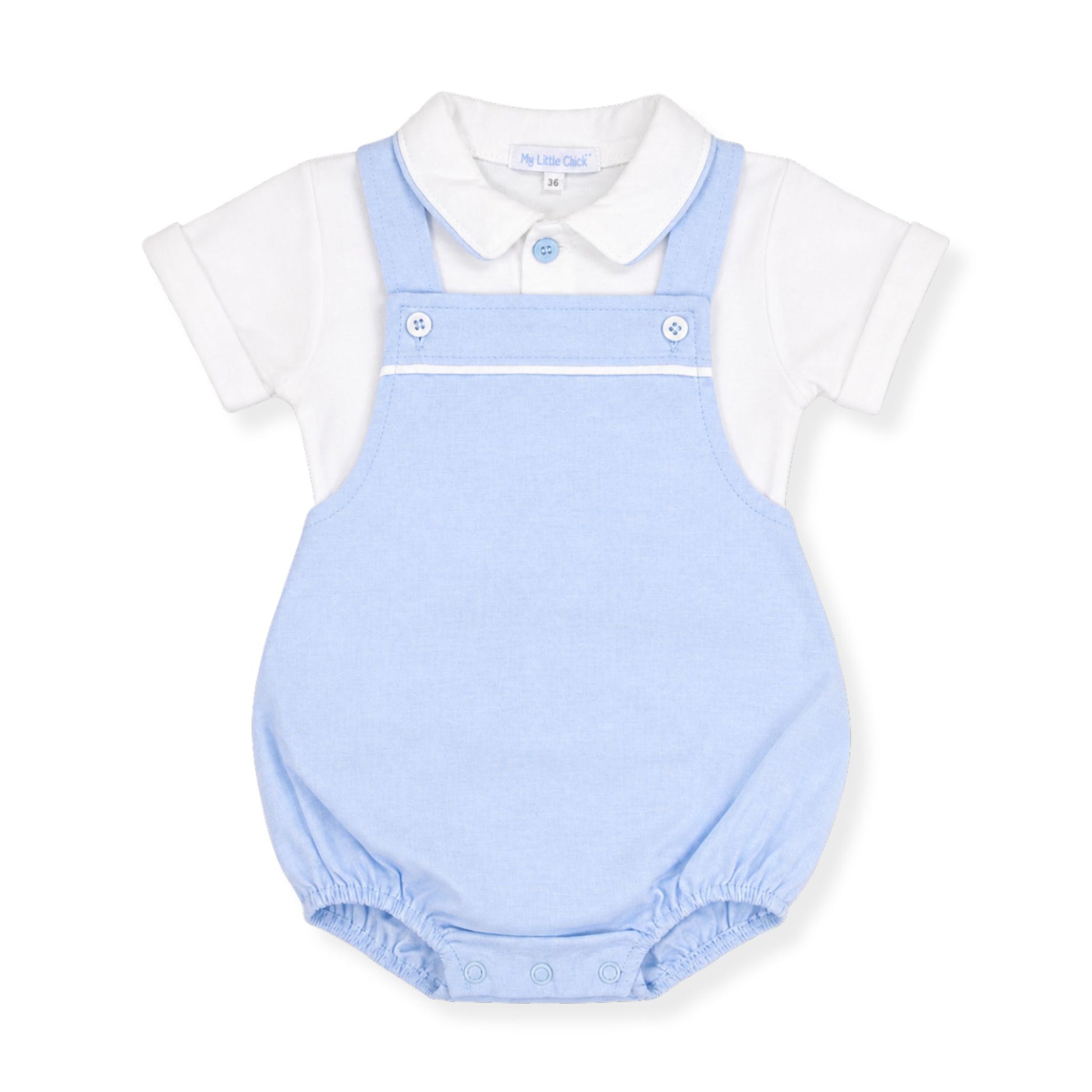 Baby romper with light blue overalls and white shirt on a white background