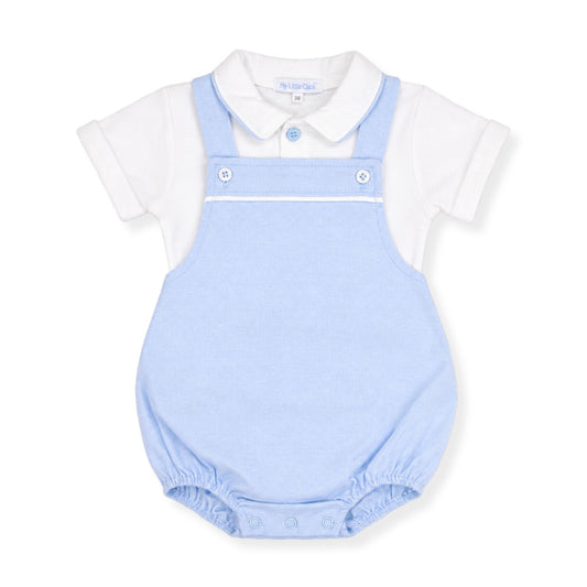 Baby romper with light blue overalls and white shirt on a white background