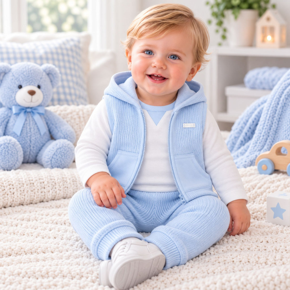 baby boy in three piece blue outfit with gilet