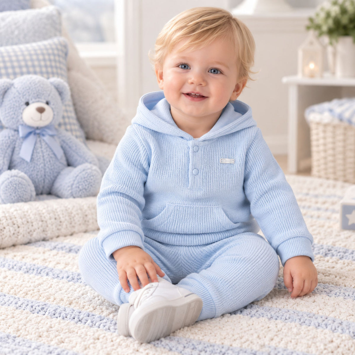 A smiling toddler with blonde hair sits on a cream and blue striped rug wearing a light blue ribbed hooded one-piece outfit. The background shows a cozy nursery setting with a blue teddy bear, pillows, and a side table.