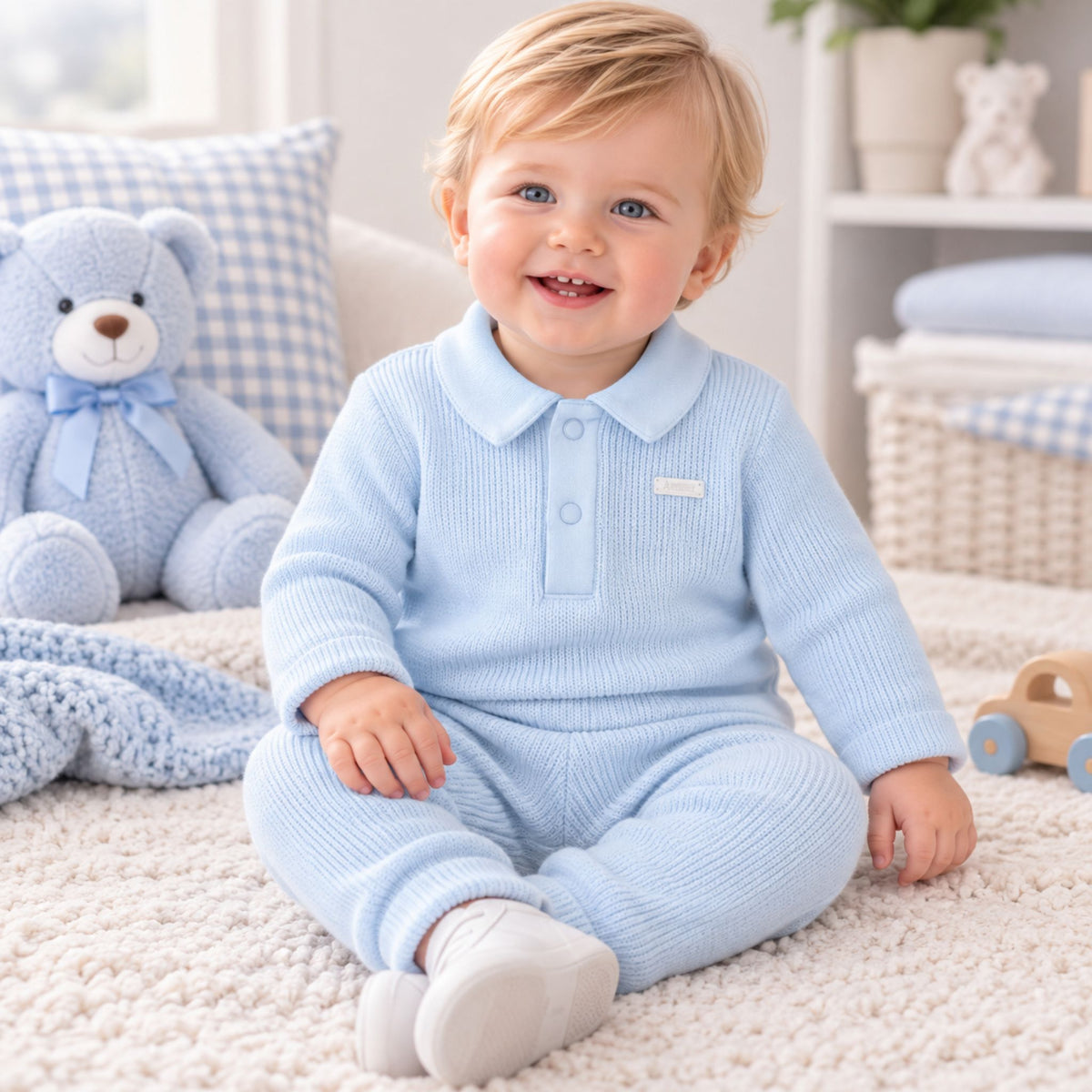 A smiling baby sitting on a cream carpet in a bright nursery, wearing a light blue ribbed long-sleeve polo romper. A plush blue teddy bear and blue-and-white checkered pillows are visible in the background.