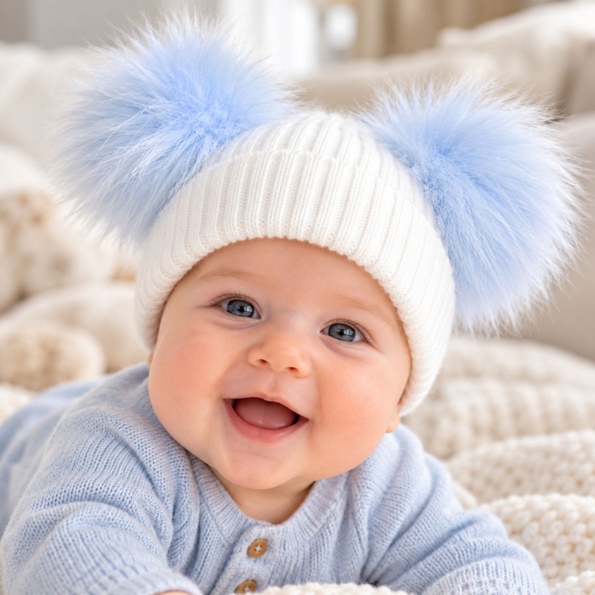 A smiling baby wearing a white ribbed knit beanie with two fluffy light blue pom-poms, lying on a soft cream blanket.