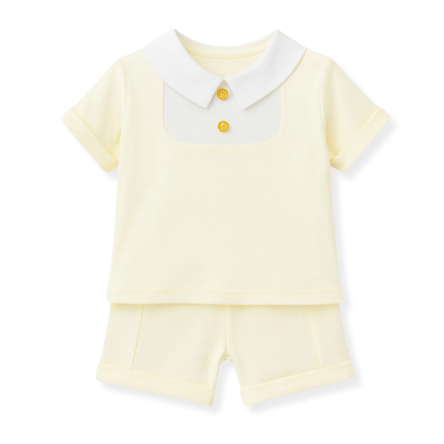 Yellow baby outfit with white collar and shorts on a white background