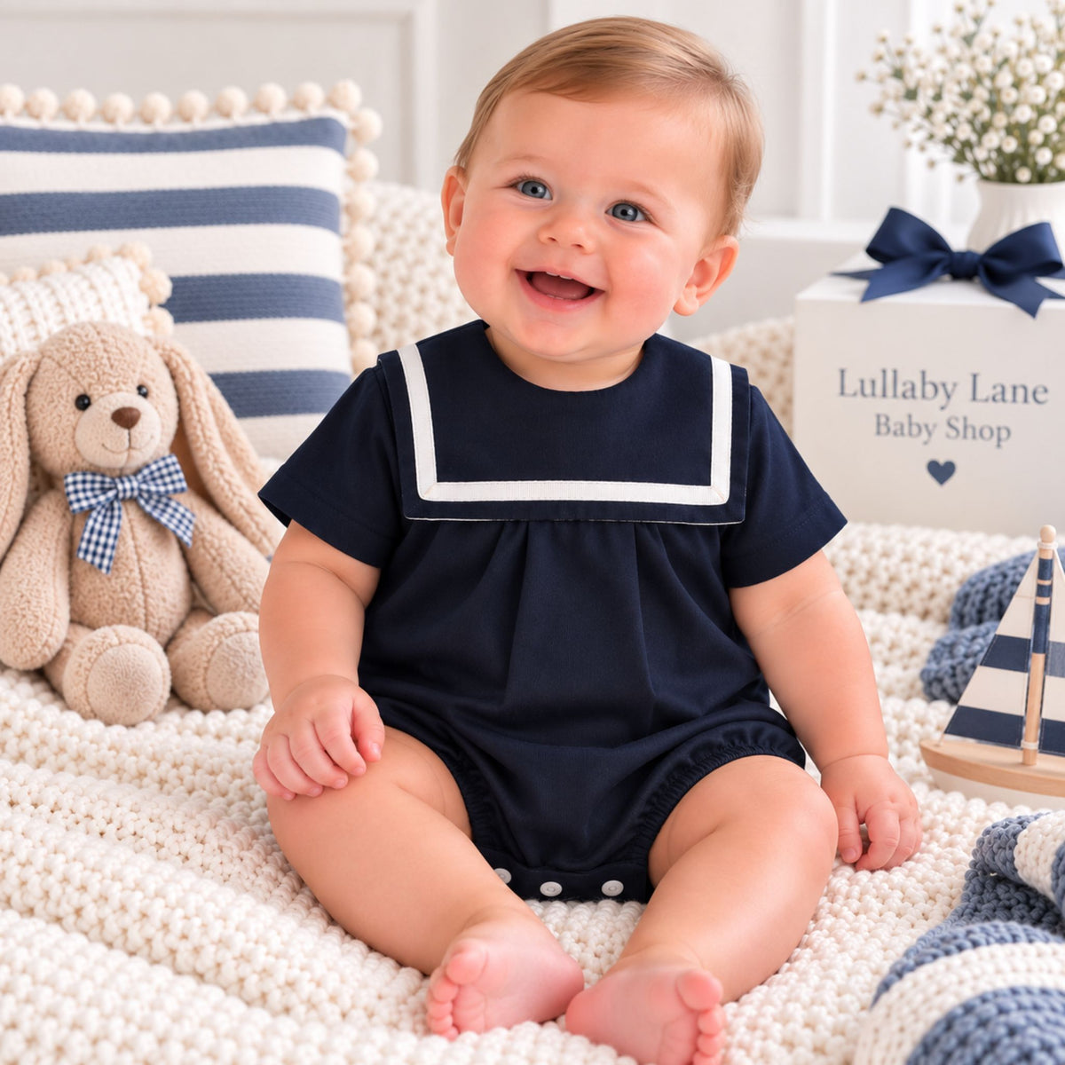 A baby sitting on a cream knit blanket wearing a navy blue short-sleeve romper with a white sailor collar. The scene is styled with a beige plush bunny toy, a blue and white striped pillow, and a gift box labeled 'Lullaby Lane Baby Shop'.
