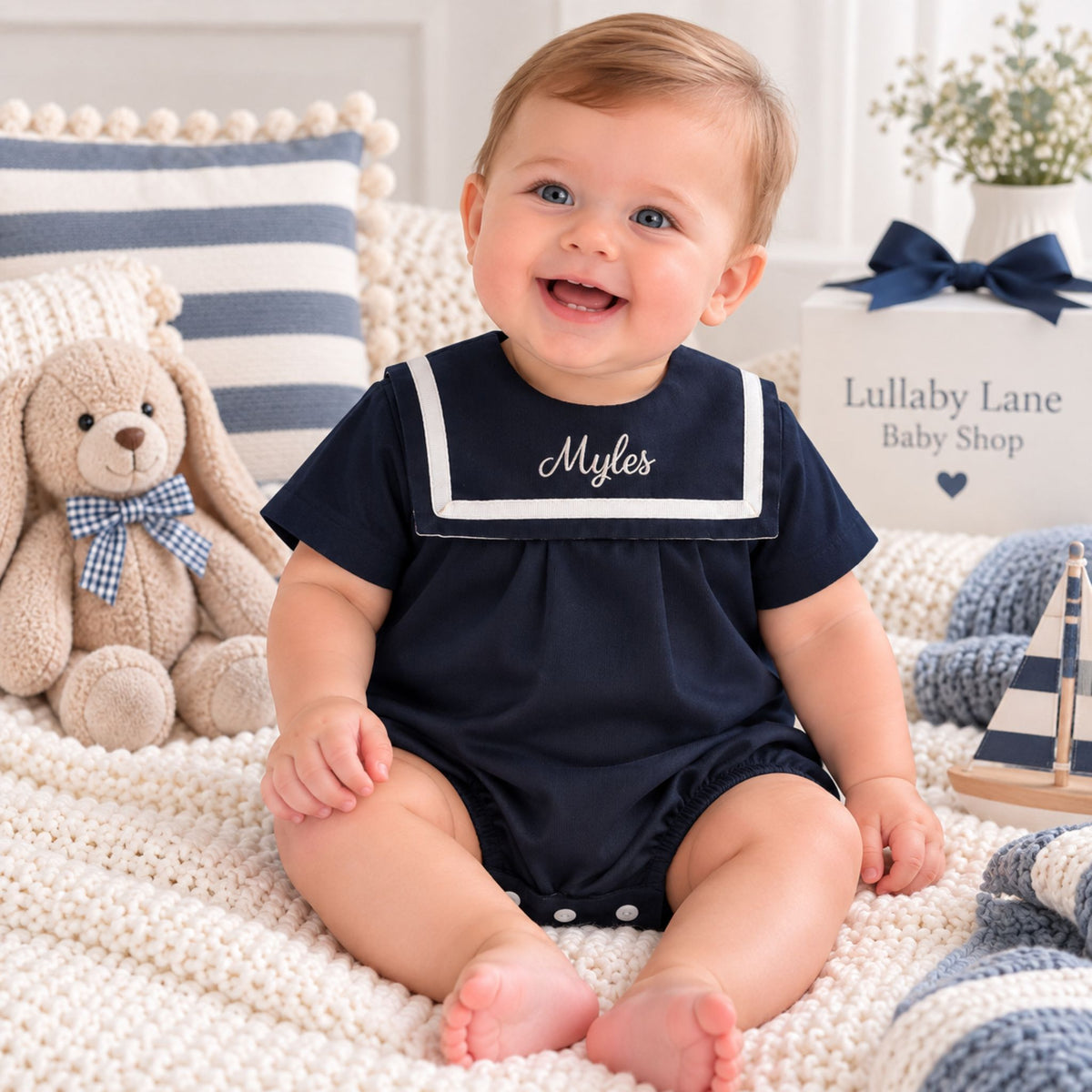 A smiling baby sits on a cream knit blanket wearing a navy short-sleeve romper with a white sailor-style collar and the name 'Myles' embroidered on the chest. The scene includes a teddy bear, striped pillows, a basket ball, and a sign reading 'Lullaby Lane Baby Shop'.
