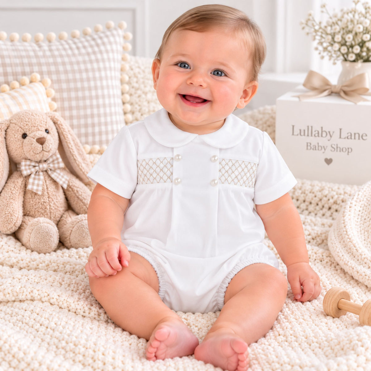 A smiling baby sits on a cream knit blanket in a styled nursery setting, wearing a white short-sleeve baby romper with decorative embroidered chest panels and pearl-like buttons. A plush bunny toy, checkered pillows, and a box reading 'Lullaby Lane Baby Shop' are visible around the baby.