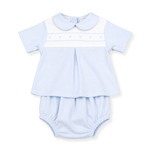 baby boys 2 piece summer outfit with smocking in blue
