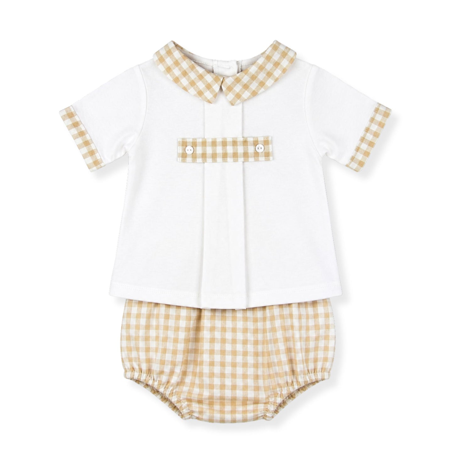 Baby Boy Checked Collar Shirt & Matching Jam Pants Set – White & Beige
