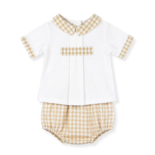 Baby Boy Checked Collar Shirt & Matching Jam Pants Set – White & Beige