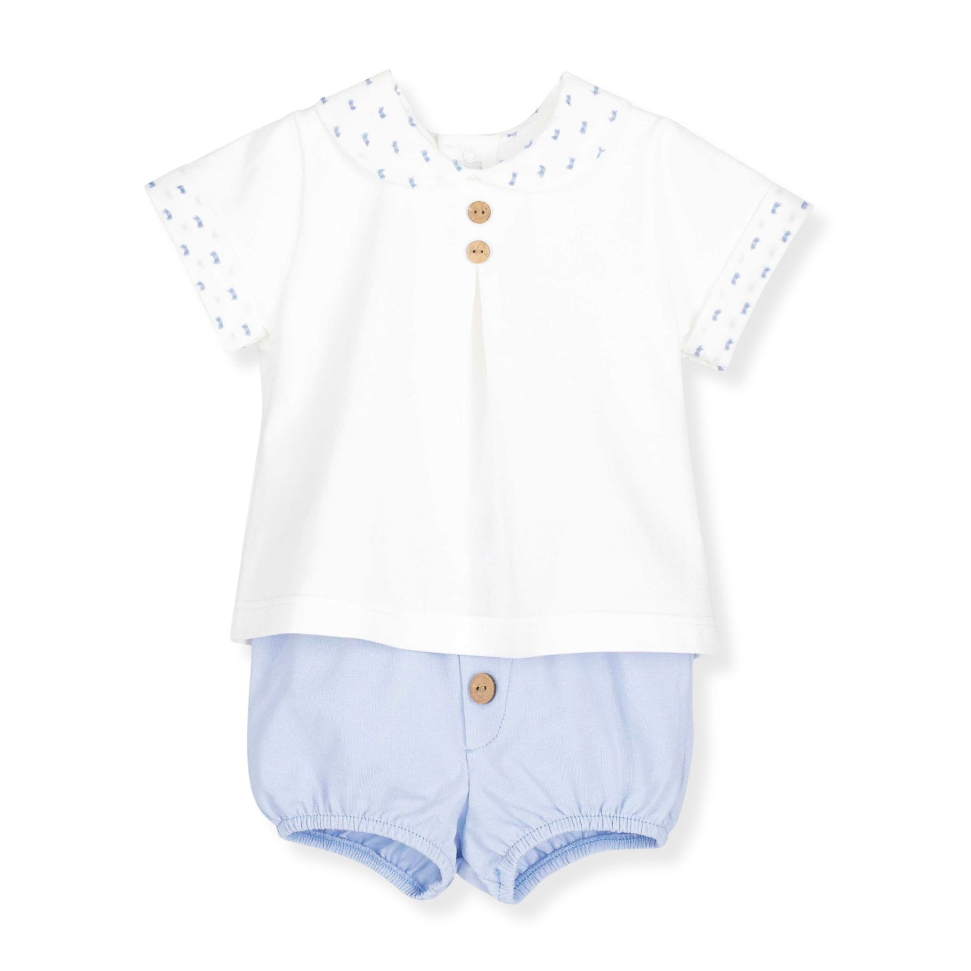 Baby outfit with white shirt and light blue bloomers on a white background