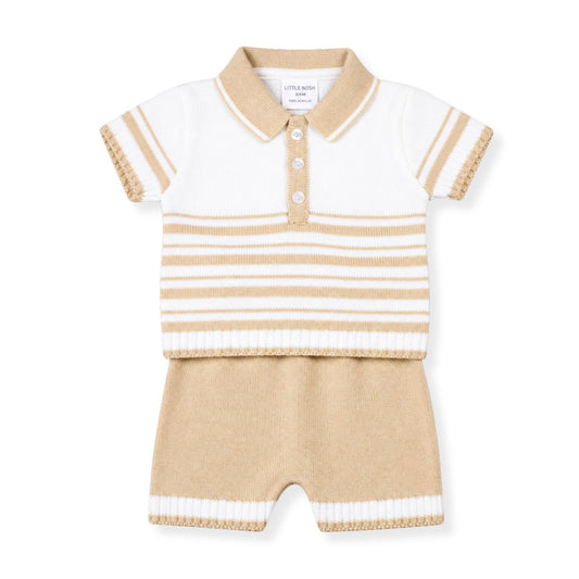 baby boy nitted two piece outfit in white and beige