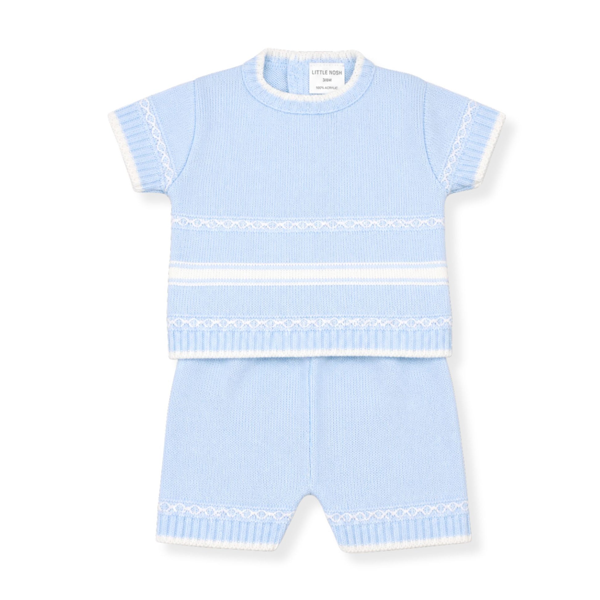 Light blue baby outfit with short sleeves and shorts on a white background