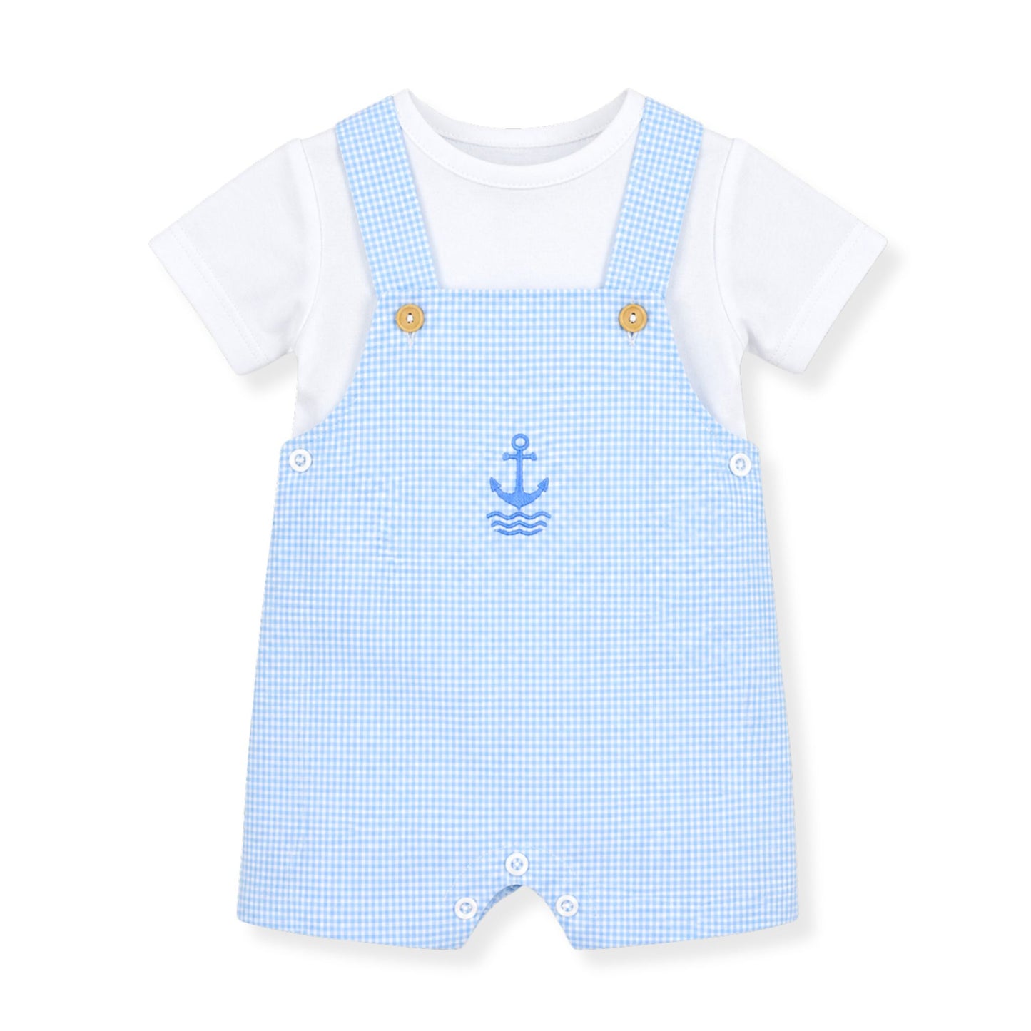 Pex Baby Boy’s Summer Outfit – White T-Shirt & Blue Check Dungarees