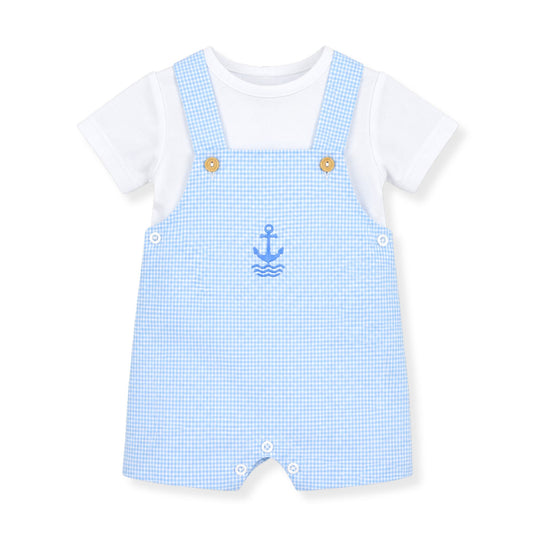 Pex Baby Boy’s Summer Outfit – White T-Shirt & Blue Check Dungarees