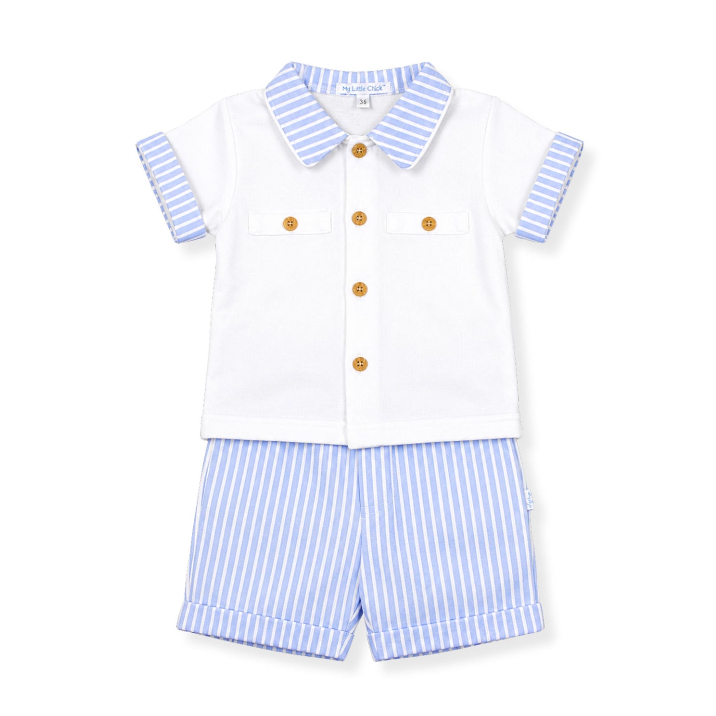 Children's outfit with white shirt and blue striped shorts on a white background