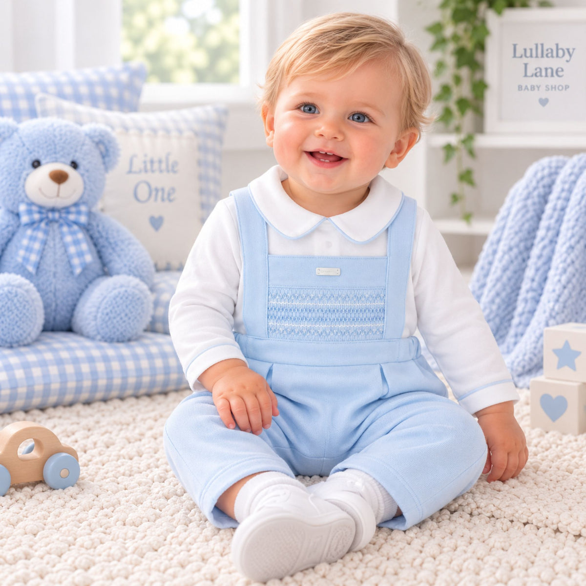 baby boy toddler in blue dungarees