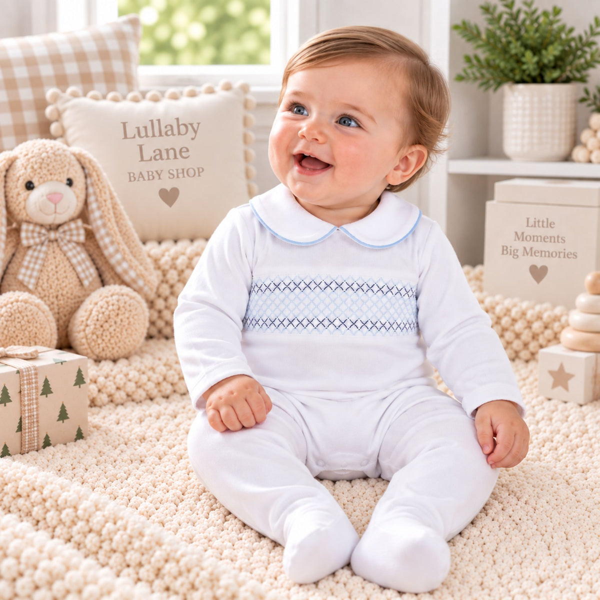 A baby sitting on a cream knit blanket in a nursery setting, wearing a white long-sleeve footed sleepsuit with a blue embroidered pattern across the chest and a blue collar. The background features a teddy bear, pillows, and wooden toys.