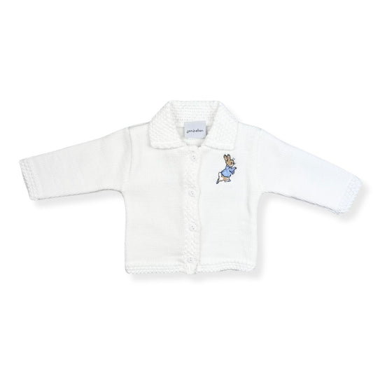 White Knitted Baby Cardigan with Rabbit Embroidery