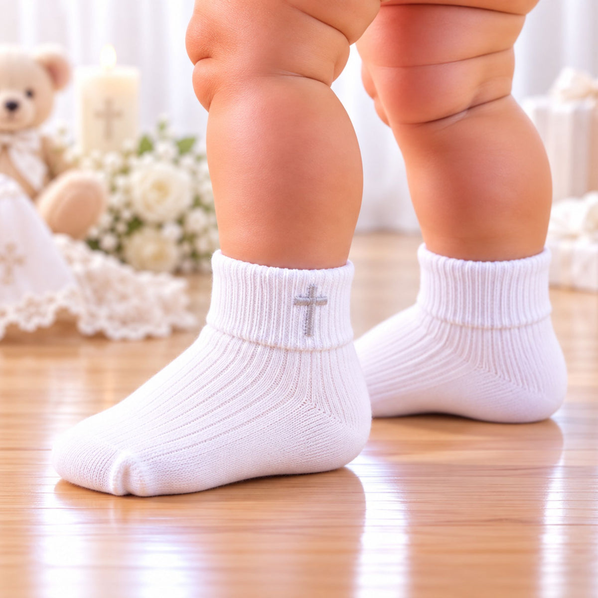 White baby socks with a small silver cross on the ankle, worn by a baby standing on a wooden floor with a teddy bear and flowers in the background.