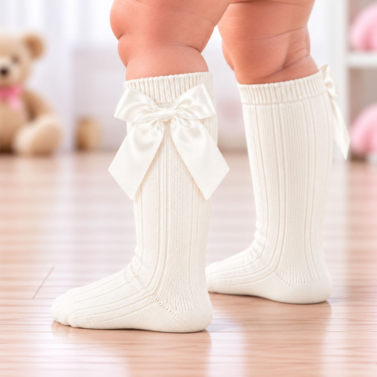 A close-up of a child's legs wearing cream ribbed knee-high socks with large bow details at the top, standing on a light wooden floor.