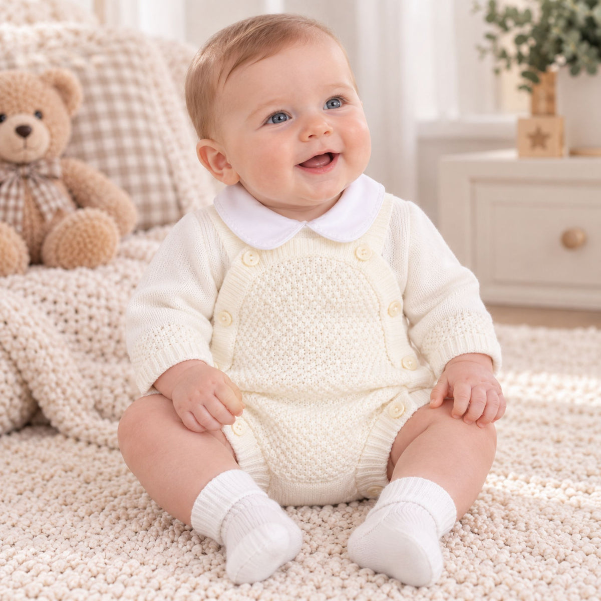 A baby sitting on a cream knit blanket in a soft nursery setting, wearing a cream knit romper with a white Peter Pan collar and white socks.