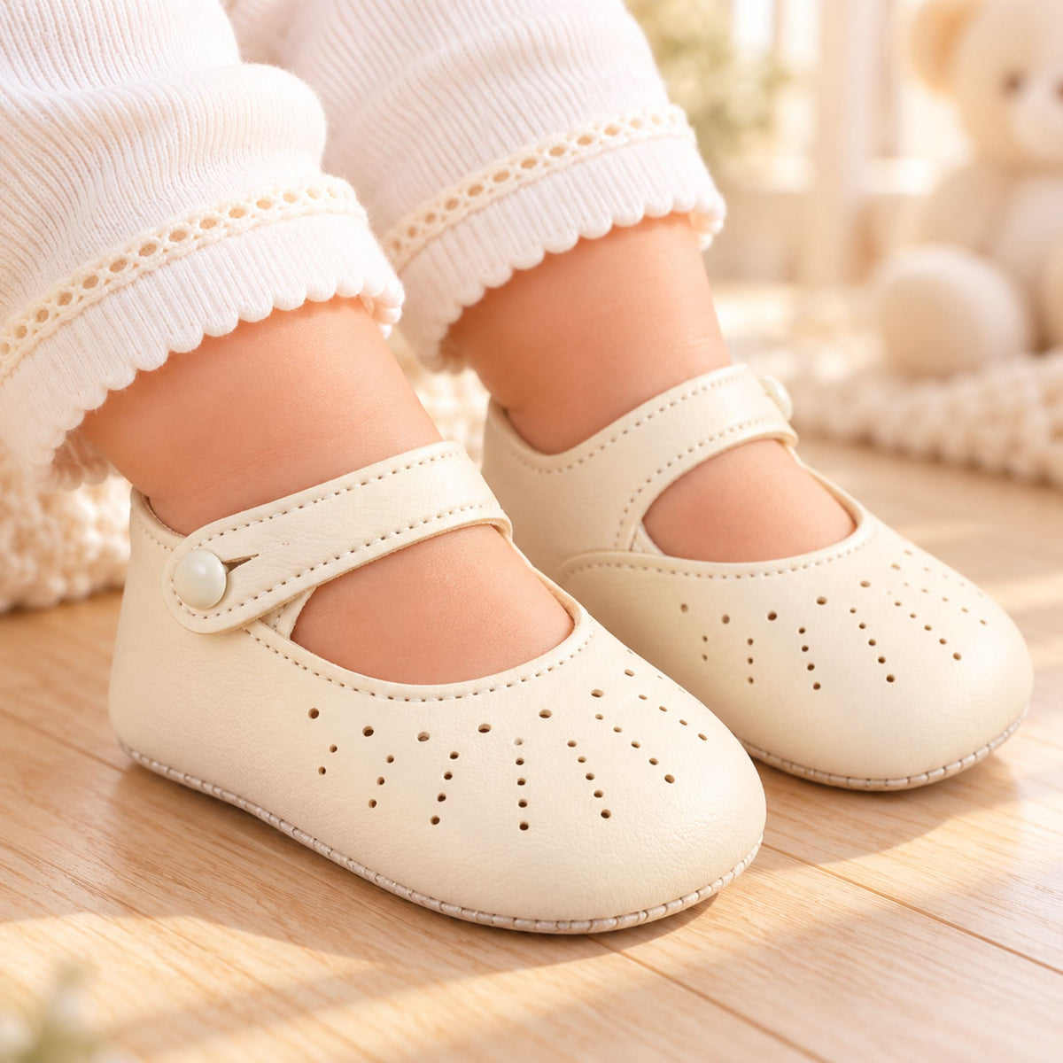 Baypods Baby Girls White Pram Shoes with Button Fastening