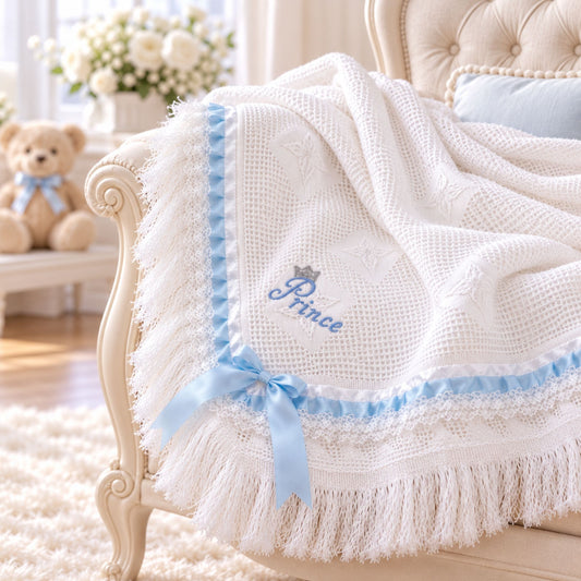 White Luxury Baby Boy Shawl – Prince Embroidery & Blue Satin Trim