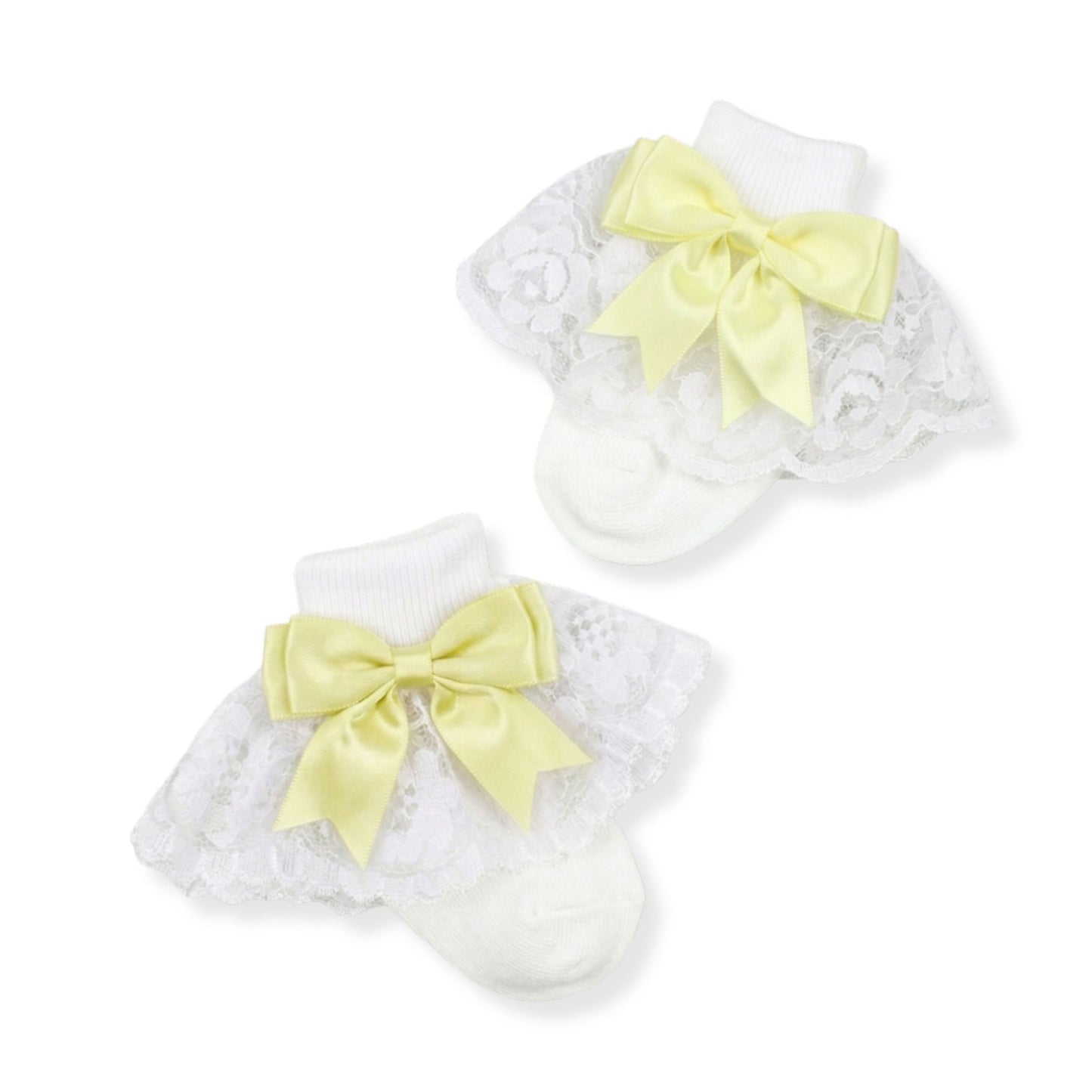 baby girl frilly lace ankle socks with lemon yellow bow