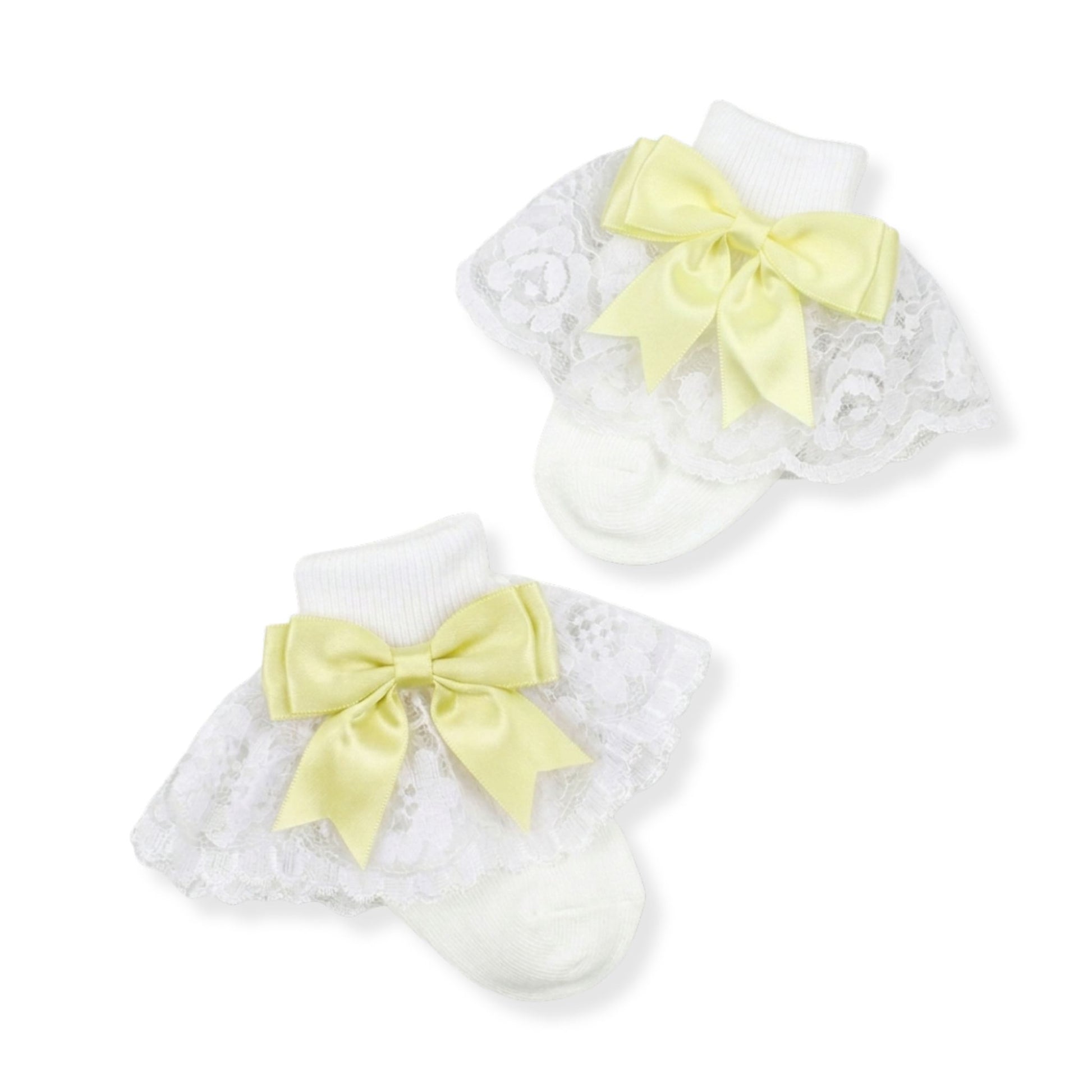 baby girl frilly lace ankle socks with lemon yellow bow