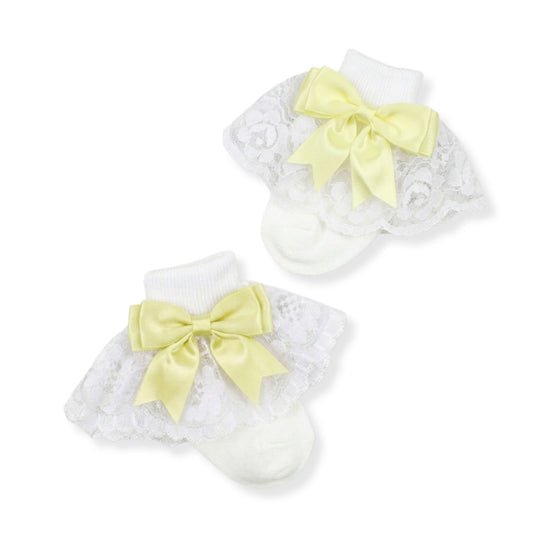 baby girl frilly lace ankle socks with lemon yellow bow